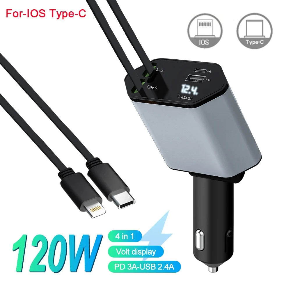 4-in-1 120W Retractable Car Charger with USB C Fast Charging and Starry Atmosphere Light for iPhone, Huawei, and Samsung