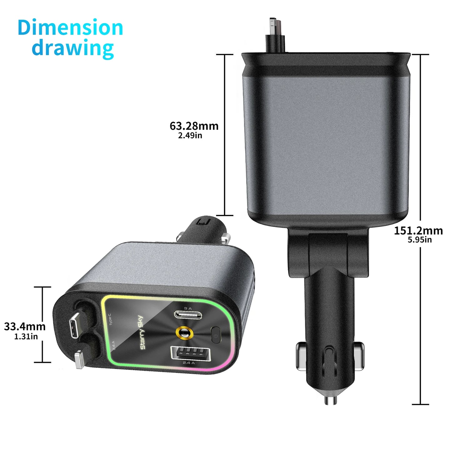 4-in-1 120W Retractable Car Charger with USB C Fast Charging and Starry Atmosphere Light for iPhone, Huawei, and Samsung