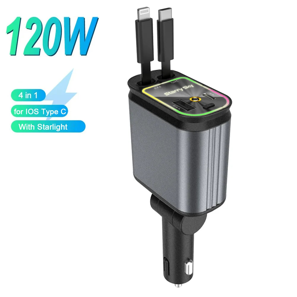 4-in-1 120W Retractable Car Charger with USB C Fast Charging and Starry Atmosphere Light for iPhone, Huawei, and Samsung