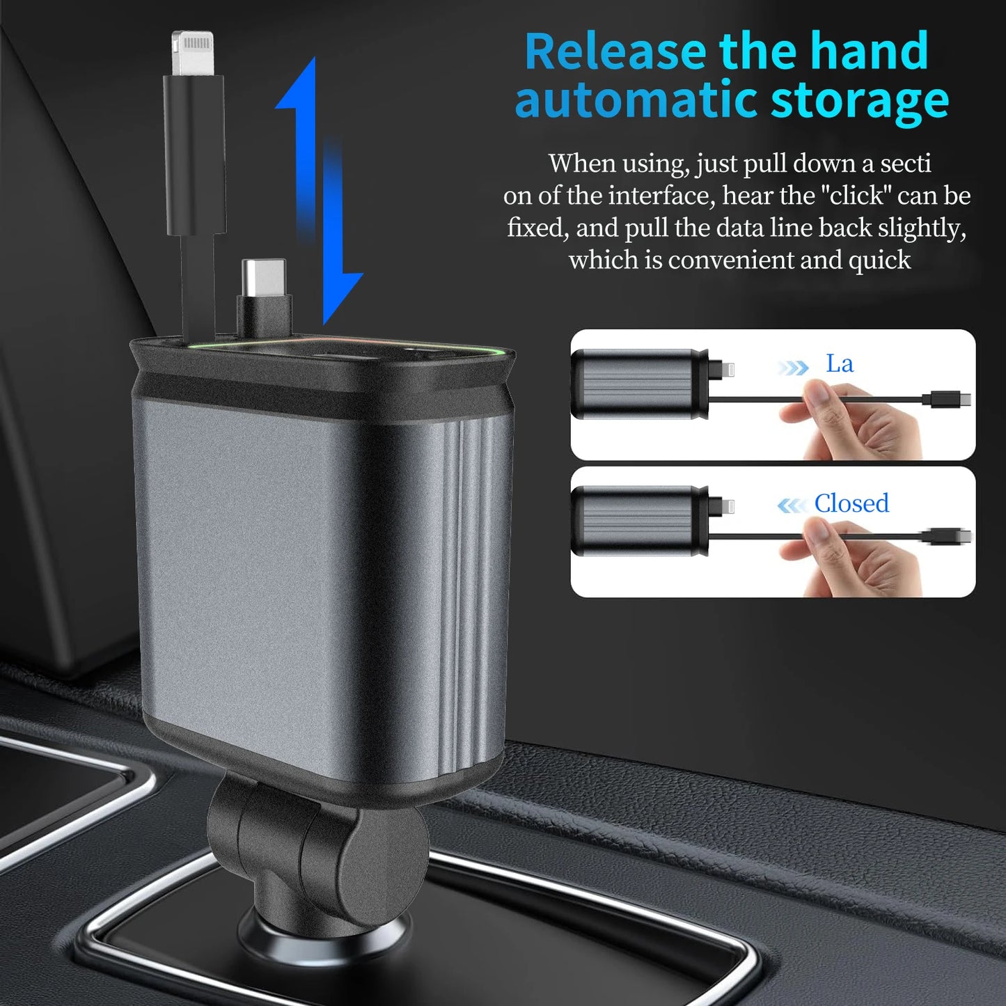 4-in-1 120W Retractable Car Charger with USB C Fast Charging and Starry Atmosphere Light for iPhone, Huawei, and Samsung