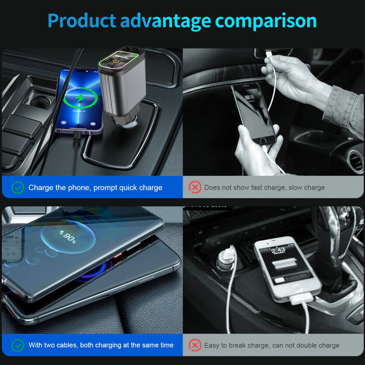 4-in-1 120W Retractable Car Charger with USB C Fast Charging and Starry Atmosphere Light for iPhone, Huawei, and Samsung