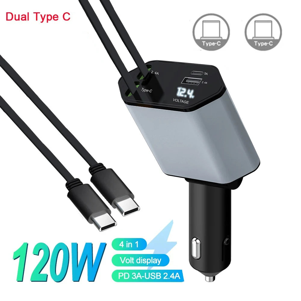 4-in-1 120W Retractable Car Charger with USB C Fast Charging and Starry Atmosphere Light for iPhone, Huawei, and Samsung