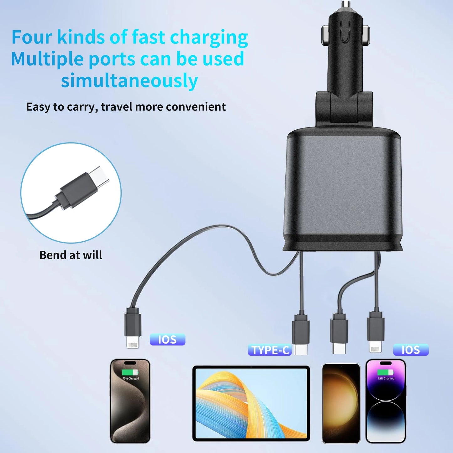4-in-1 120W Retractable Car Charger with USB C Fast Charging and Starry Atmosphere Light for iPhone, Huawei, and Samsung