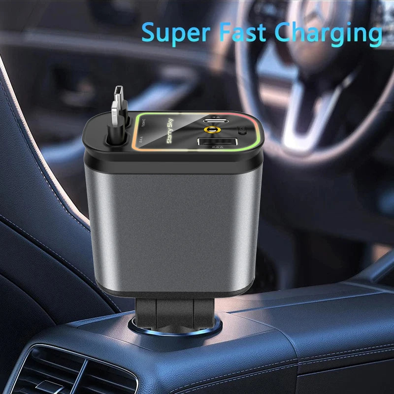 4-in-1 120W Retractable Car Charger with USB C Fast Charging and Starry Atmosphere Light for iPhone, Huawei, and Samsung