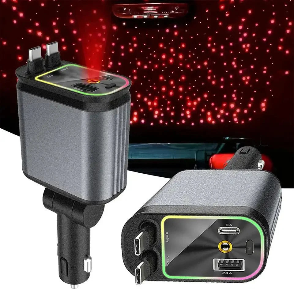 4-in-1 120W Retractable Car Charger with USB C Fast Charging and Starry Atmosphere Light for iPhone, Huawei, and Samsung