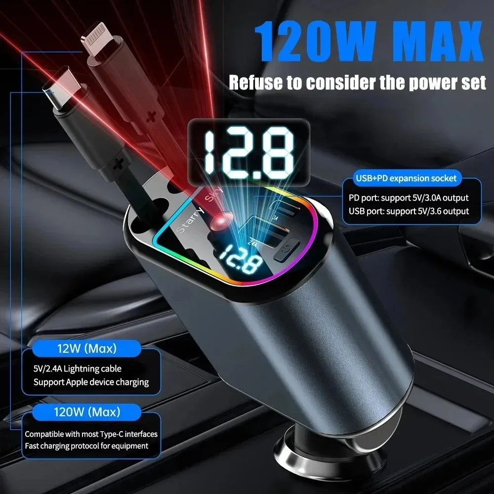 4-in-1 120W Retractable Car Charger with USB C Fast Charging and Starry Atmosphere Light for iPhone, Huawei, and Samsung