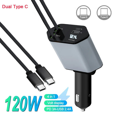 4-in-1 120W Retractable Car Charger with USB C Fast Charging and Starry Atmosphere Light for iPhone, Huawei, and Samsung