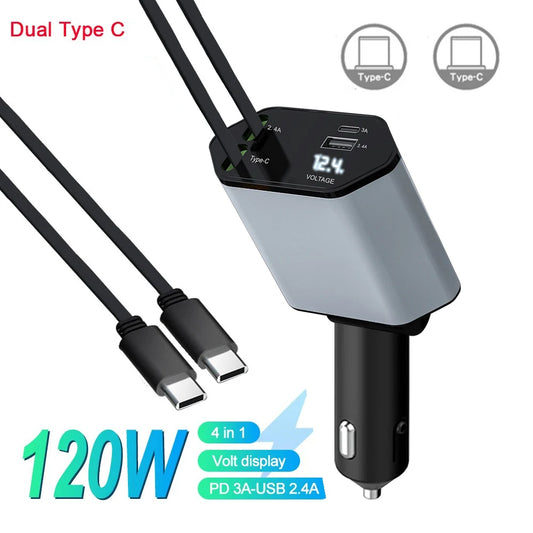 4-in-1 120W Retractable Car Charger with USB C Fast Charging and Starry Atmosphere Light for iPhone, Huawei, and Samsung