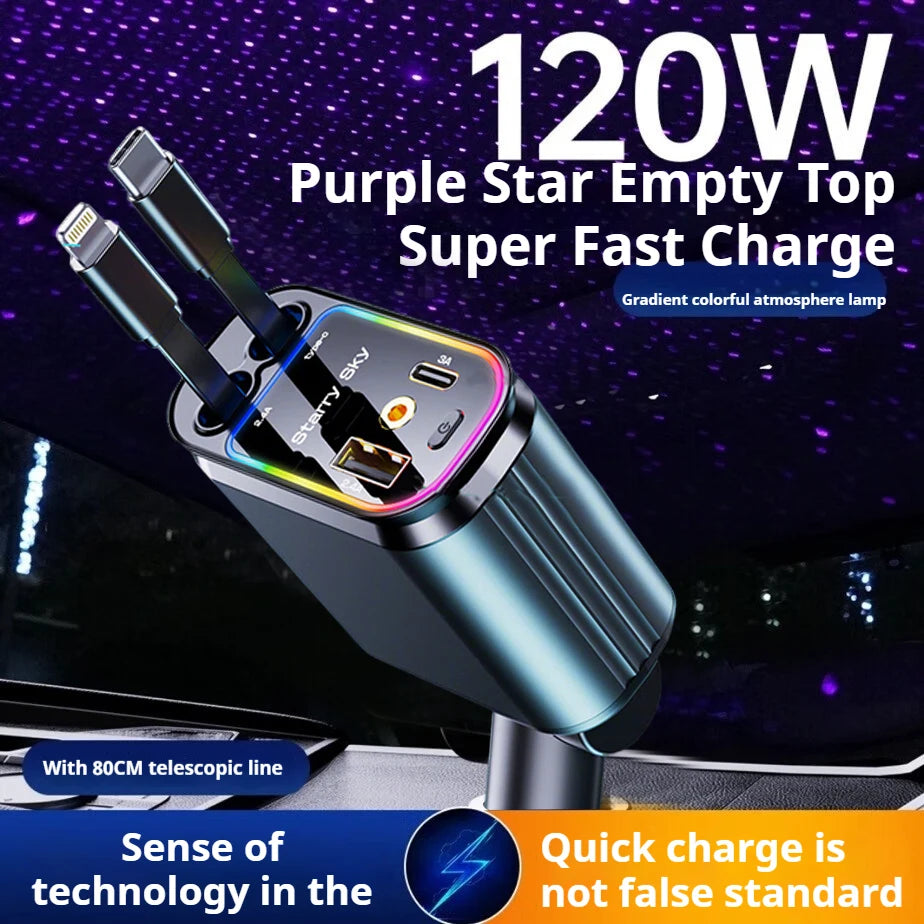 New Starlight Roof Car Charger 120W 4-In-1 Retractable Fast Charging with USB-C Lightning Cable for Iphone Samsung Auto Cigarett