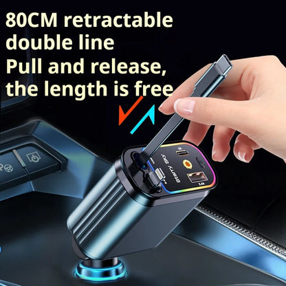 New Starlight Roof Car Charger 120W 4-In-1 Retractable Fast Charging with USB-C Lightning Cable for Iphone Samsung Auto Cigarett