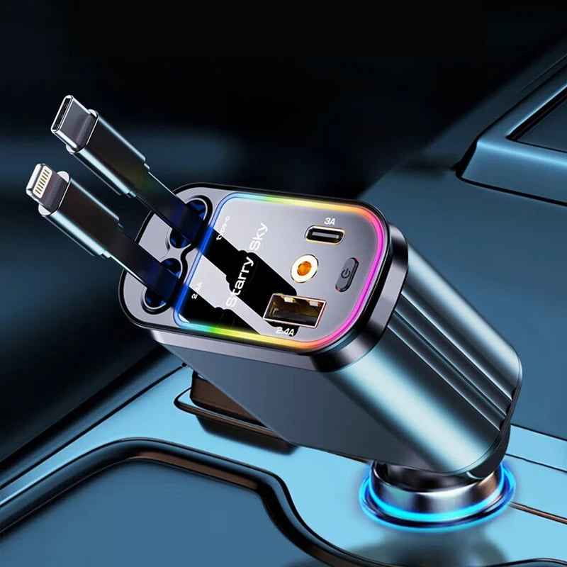 New Starlight Roof Car Charger 120W 4-In-1 Retractable Fast Charging with USB-C Lightning Cable for Iphone Samsung Auto Cigarett