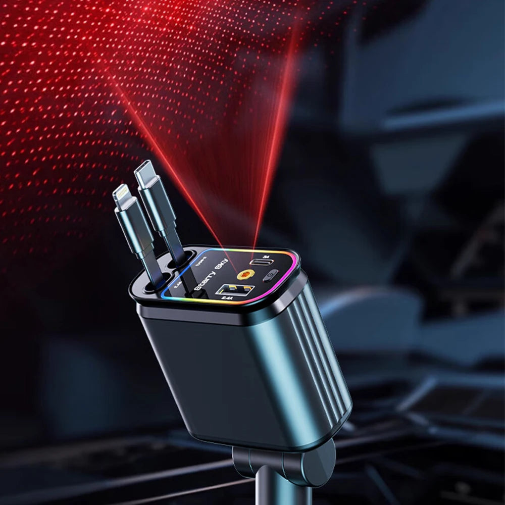 New Starlight Roof Car Charger 120W 4-In-1 Retractable Fast Charging with USB-C Lightning Cable for Iphone Samsung Auto Cigarett